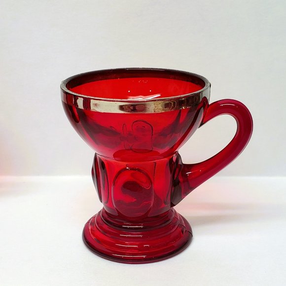 Vintage New Martinsville Ruby Red Moondrops Whiskey Glass Demitasse Gilt Set x5 - Picture 8 of 8